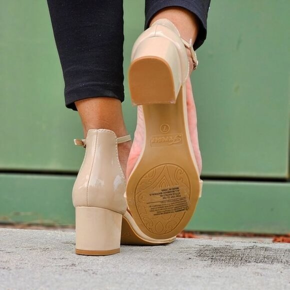 Women Ankle Straps Low Chunky Heels Sandals Beige Color - Picture 5 of 6